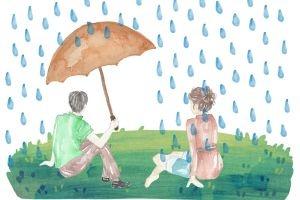Während eines Regens sitzt ein Mann unter dem Regenschirm und lässt seine Partnerin im Regen sitzen. Dies kann ein Hinweis auf Narzissmus in der Partnerschaft sein.