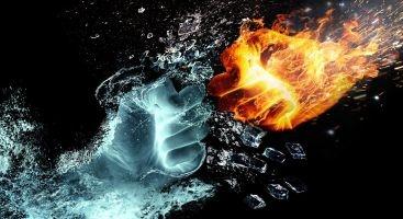 Hände Feuer und Wasser; sie stehen für Konflikte und Problemen mit Schwiegereltern